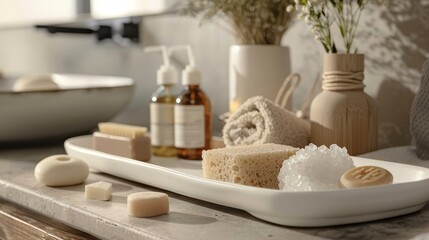 Elegant ceramic tray in a home bathroom filled with bath supplies, like salt soap bars, natural sponge, and massage oil, captured up close