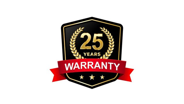 25 Years Warranty Badges Design Animation, Alpha channel, transparent background. 4K resolution