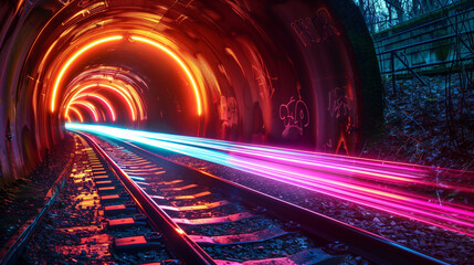 colorful light trails in the tunnel, abstract background, futuristic tech wallpaper 