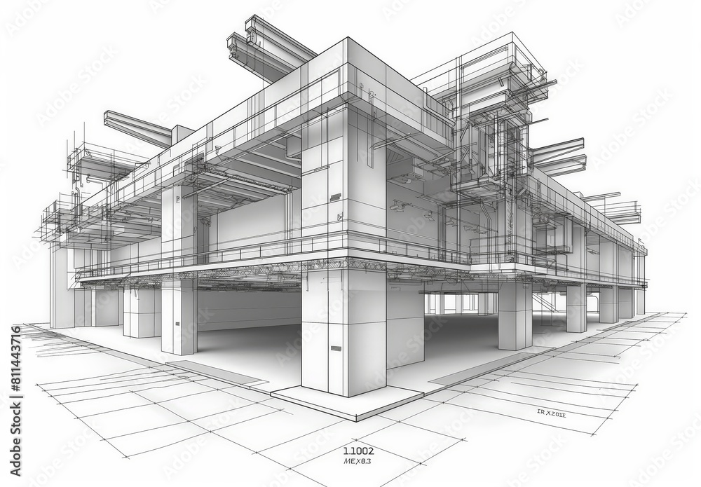 Poster Industrial building wireframe rendering with architectural and construction details