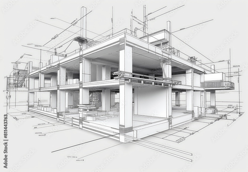 Poster wireframe rendering of a contemporary house with technical details