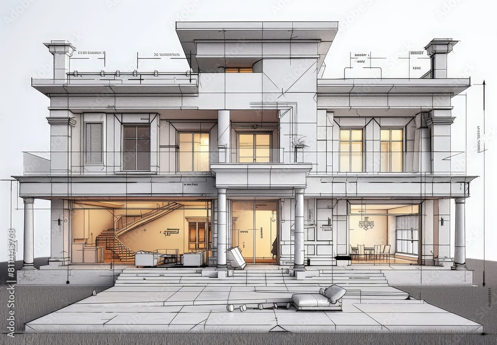 Poster wireframe rendering of a contemporary house with technical details