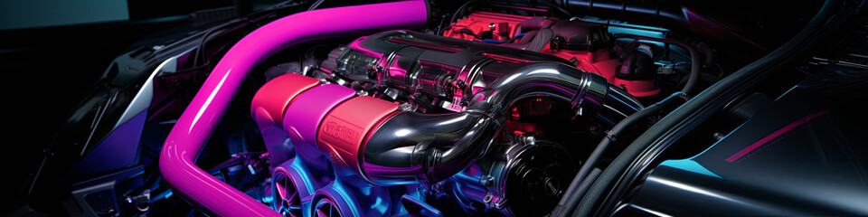 Muted studio lighting highlights the intricacies of the customized intake manifold in high-performance vehicles