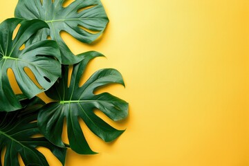 monstera leaf on yellow background for summer display concept