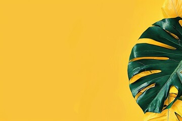 monstera leaf on yellow background for summer display concept