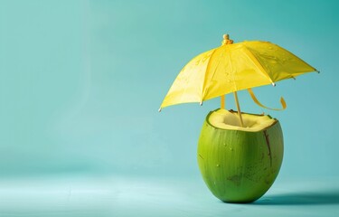coconut drink  yellow umbrella on blue background on summer