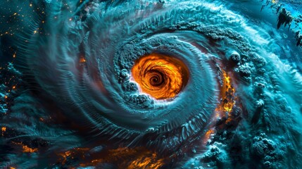 Majestic top view of a super typhoon, swirling dramatically around its eye over the ocean, brightly lit in satellite imagery