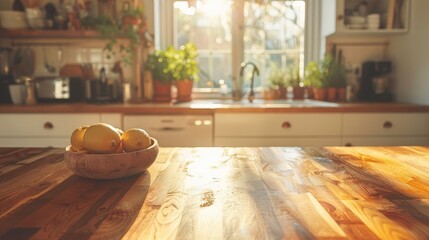 Intimate shot of a loft apartment kitchen, focusing on the warm wooden countertop in a bright and airy modern Nordic setting