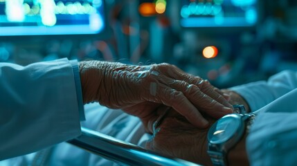 Intimate, close-up view of a doctor's hand checking a patient's vital signs with care, the medical room bathed in serene studio lighting