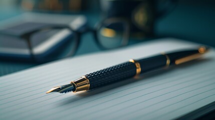 Intimate close-up of writing essentials arranged on a bold background, emphasizing stark contrast and minimalist design