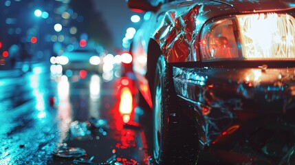 Intimate close-up of a collision scene on an urban road, emphasizing car damage, bumper deformation, and shattered headlights in bright lighting