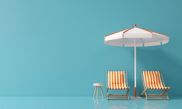 umbrella beach and beach chairs on blue background on summer season concept display 3d render
