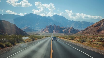 Fototapeta premium Highway scene with a white car driving past rocky mountains under the bright sunlight of a beautiful day, focusing on clear lighting