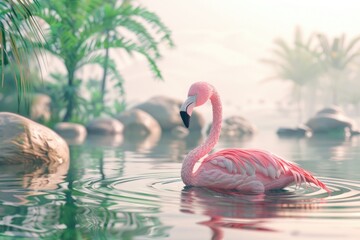 pink flamingo on pool on summer season 