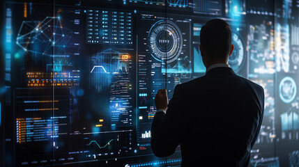 businessman working with business sales growth data statistics on virtual screen, futuristic digital technology, business analysis 