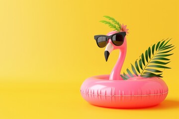 pink flamingo pool float on yellow background, summer concept for display