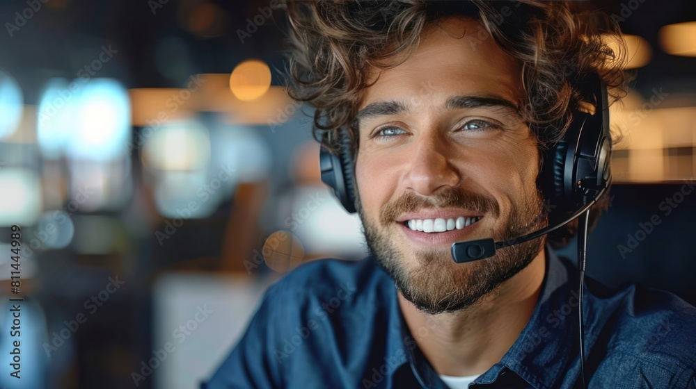 Wall mural professional male customer support agent with headset assisting client during online call at call ce