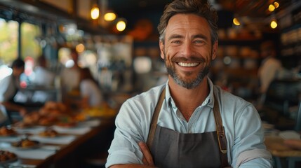 Proud Businessman Surveys Crowded Restaurant with Genuine Smile - Powered by Adobe