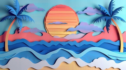 sunset of beach beautiful view for summer background paper cut style 