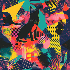 Colorful repeating pattern with black cats