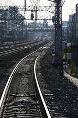 早朝のjr路線を望遠で圧縮し撮影