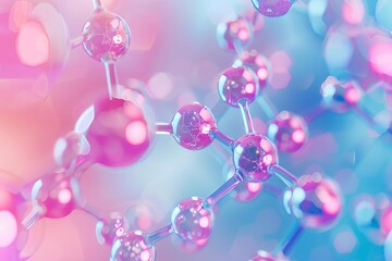 abstract chemical structure of carbon atom on blurred pink and blue background 3d rendering