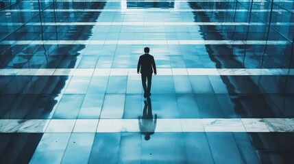 Fototapeta premium Man with electric blue tie walks on symmetrical flooring