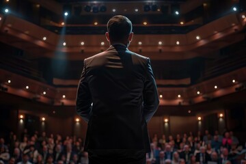 back view of a man in a business suit giving a speech on stage in front of an audience leadership concept
