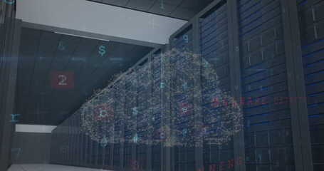 Image of data processing and cloud icon over server room