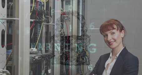 Image of data processing over female caucasian server room workers