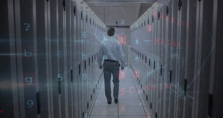 Image of data processing over server room