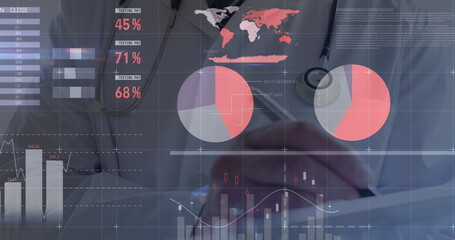 Image of financial data processing over caucasian doctor