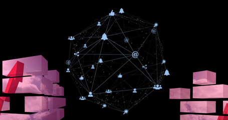 Image of network of media icons with pink blocks and upward arrow on black