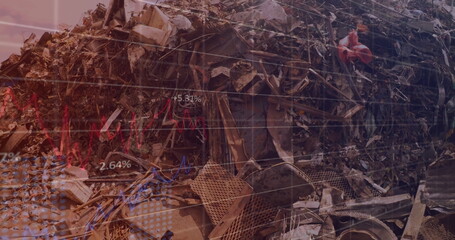 Image of financial data processing over junkyard