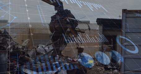 Image of financial data processing over junkyard