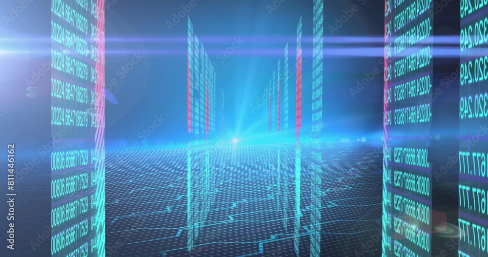 Poster digital image of screens with binary coding and blue light trails against blue background