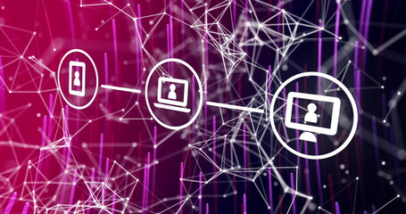 Image of icons in seamless pattern over network of connections with digital icons