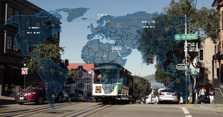Data processing over world map against city traffic