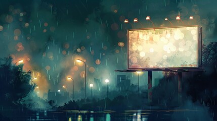 Artistic watercolor illustrating a blank billboard surrounded by hazy streetlights, raindrops glistening on the dark pavement below