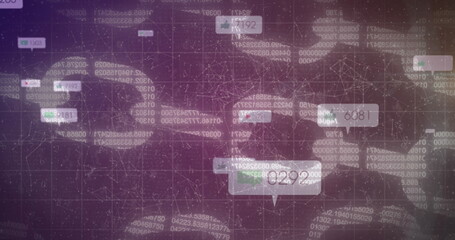 Digital image of neon shapes and speech bubbles against security chain icon on purple background