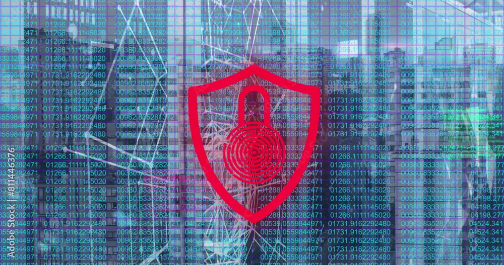 Poster image of neon security icon with network connecting dots, coding against cityscape