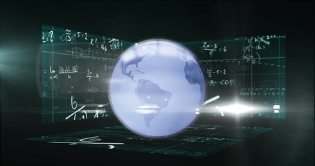 Image of math formulas over globe and digital screens on black background