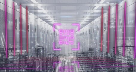 Image of qr code with data processing on digital interface against server room