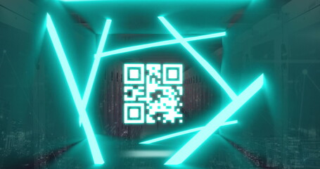 Image of blue neon lines with qr code, data processing against server room