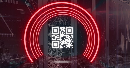 Image of red semi circles with qr code, network connection against cityscape