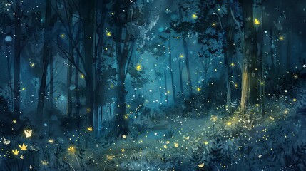 Artistic watercolor of a forest glade filled with fireflies, their glowing bioluminescent trails painting intricate shapes in the night