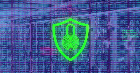 Image of data processing over padlock and server room