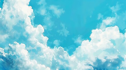 Artistic watercolor of a scattering of white clouds against a vibrant blue sky, the blend of colors creating a dreamy, tranquil view