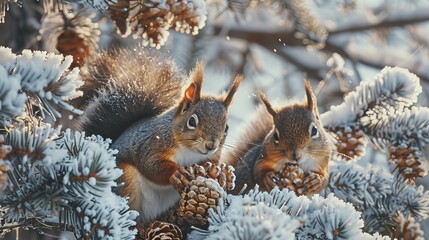 A squirrel family gathering pine cones among frost-covered trees, the intricate details of the snowflakes and the warm hues of their fur painting a picture of life thriving in the cold.