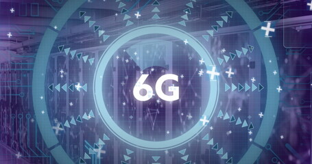 Image of data processing and 6g text over server room
